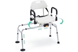 Giantex Sliding Shower Chair with Swivel Seat, Adjustable Height Tub Transfer Bench with Flip-Up Padded Armrests, Safety Belt