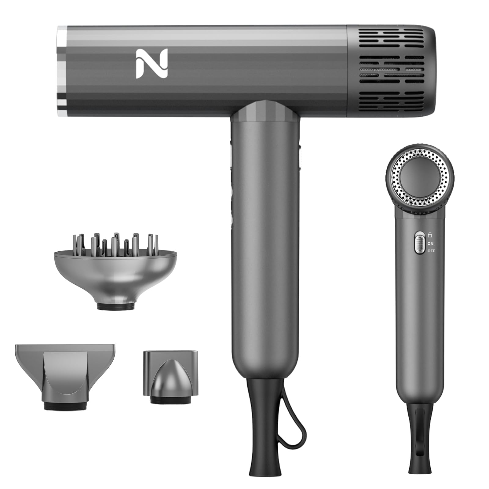 Photo 1 of Natrial Ionic Professional Hair Dryer with Diffuser for Curly Hair,1600W&110000RPM High Speed Blow Dryer for Women,Fast Drying,Lock Function,Low Noise,Lightweight for Home Travel Salon,Gray