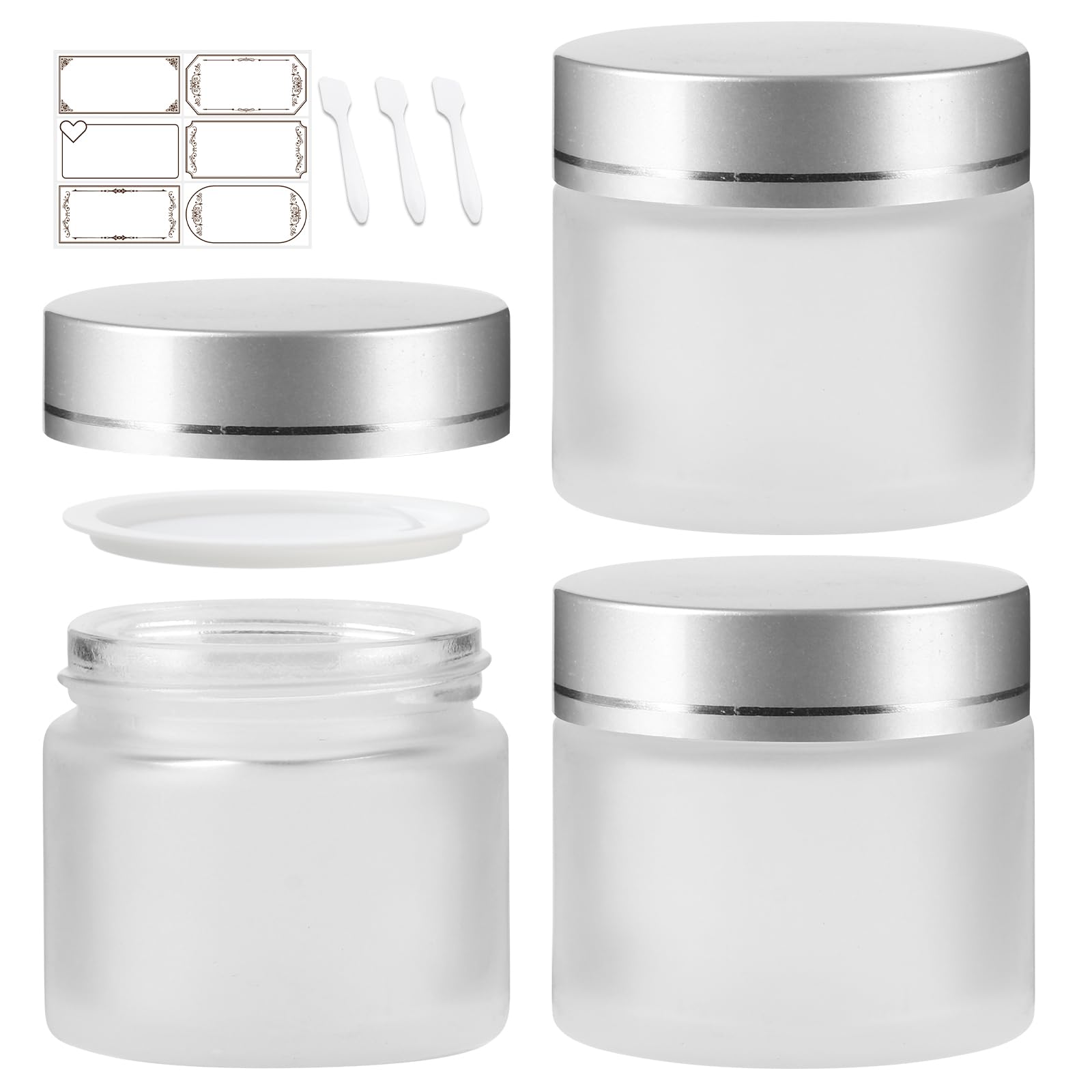 Photo 1 of 2 oz Frosted Round Glass Jars, Pack of 3 with Silver Plastic Lids, Cosmetics Containers for Face Cream Lotion, Powder, Candle, Spice, Body Butter