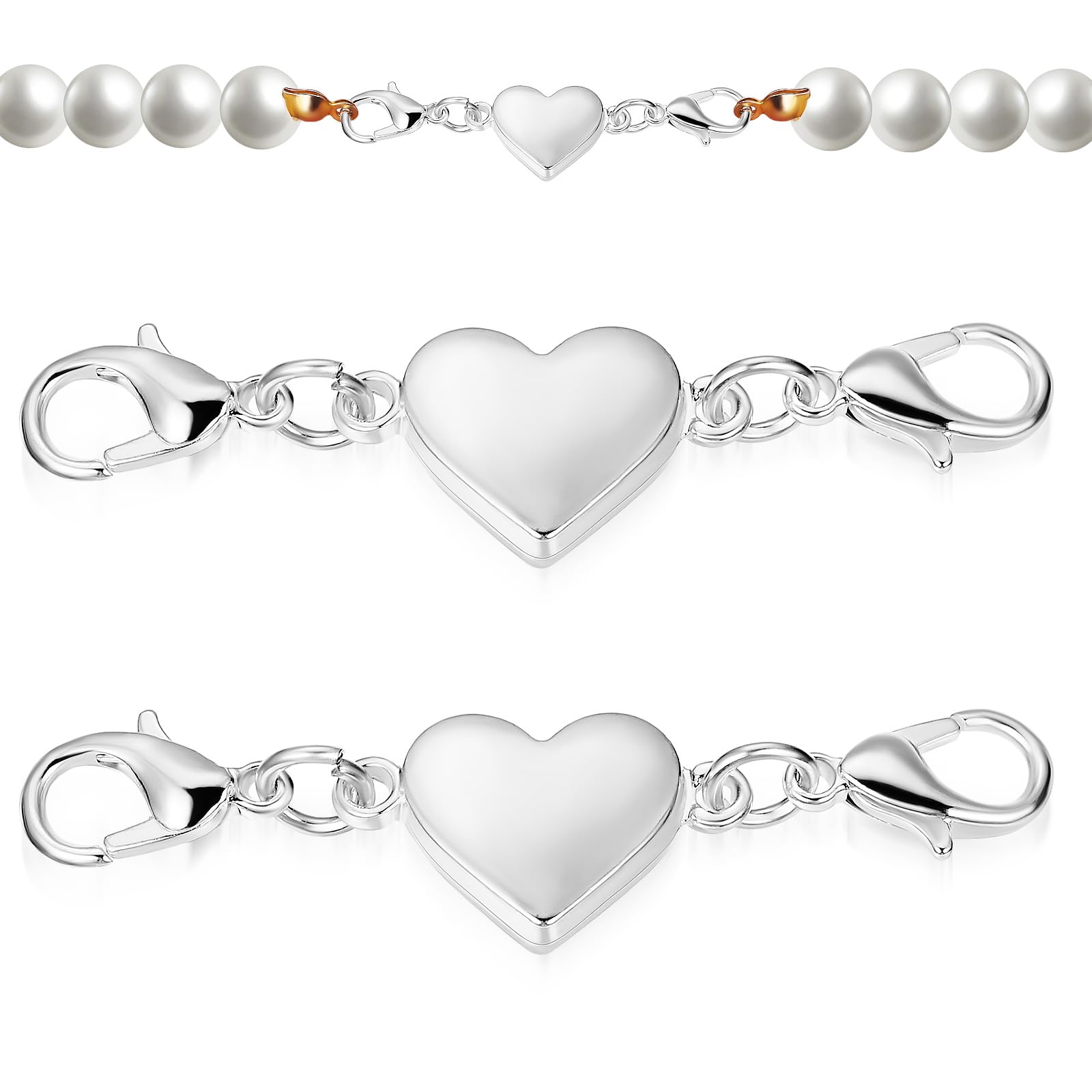 NUOBESTY Magnetic Necklace Clasps Heart-Shaped Silver Jewelry Connectors 2 Pack Magnetic Jewelry Clasps for Necklace Extension and Repair