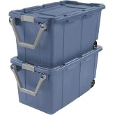 Storage Bin 40 Gallon 160 Qt Wheeled Industrial Tote Plastic Rolling Stacker Storage Box, Tough Lidded Stackable Storage Container for Home, Garage, and Camping Blue Moonlight Base and Lid