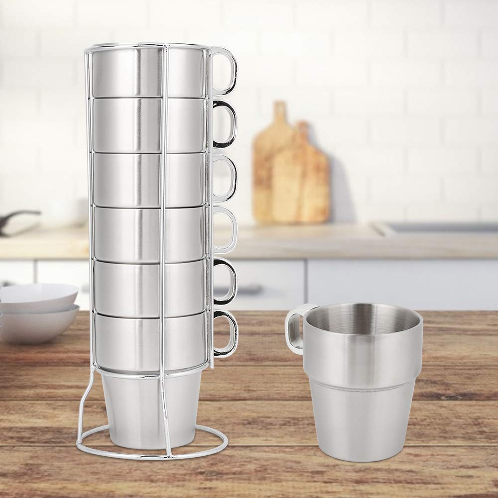 TOPINCN Water Cup, 6 Pcs Stackable Stainless Steel Cup with Cup Holder Stand Double Layer Heat Insulated Water Coffee Cup Set