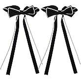 2 PACK Hair Bows Sparkly Rhinestone Tassel Hair Clips Barrettes Black Bowknot with Long Brocade Tassel Ribbon Claw Hair Accessories for Women and Girls