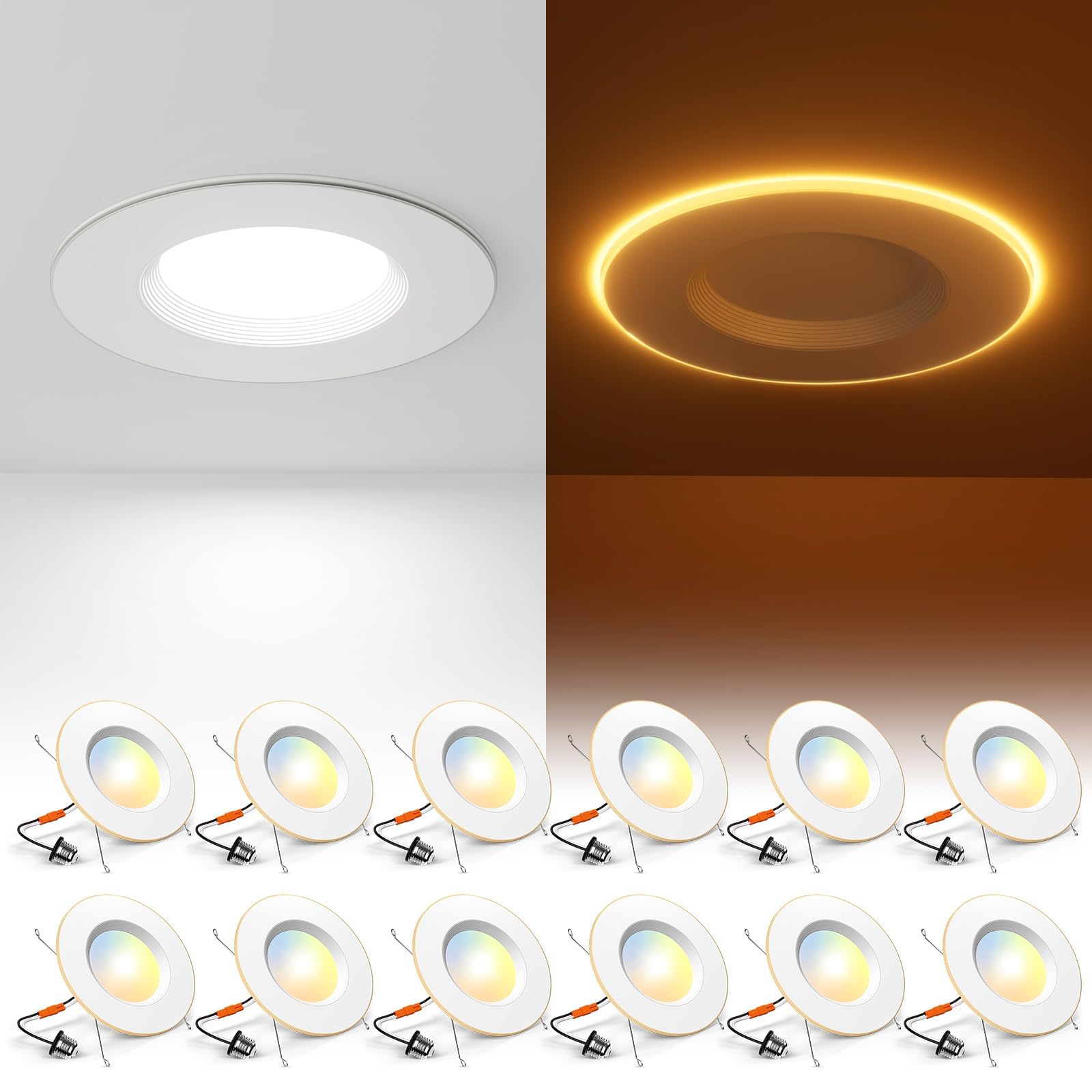 View 1 of Amico 12 Pack 5/6 Inch LED Can Lights with Night Light, 5CCT Retrofit Recessed Lighting Selectable 2700/3000/4000/5000/6000K, Dimmable, 12W=110W, 1100LM Downlight - ETL & FCC