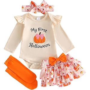 ZIXILOVGIR My First Halloween Baby Girl Outfit Pumpkin/Ghost Romper Ruffle Layered Skort Headband Socks Set Cute Clothes