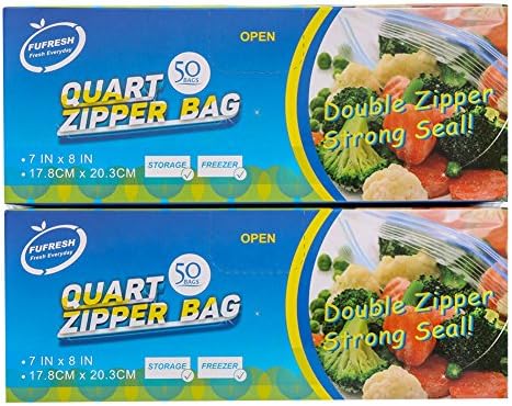 FUFRESH Quart Zipper Freezer Bags 100ct (2 * 50ct), with Double Zipper and Smart Package for Food Storage and Food Freezer
