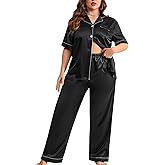 Kissonic Plus Size Satin Silk Pajamas Set for Women Short Sleeve Button Down Pjs Long Pants Birthday Sleepwear(Black-XXLarge)