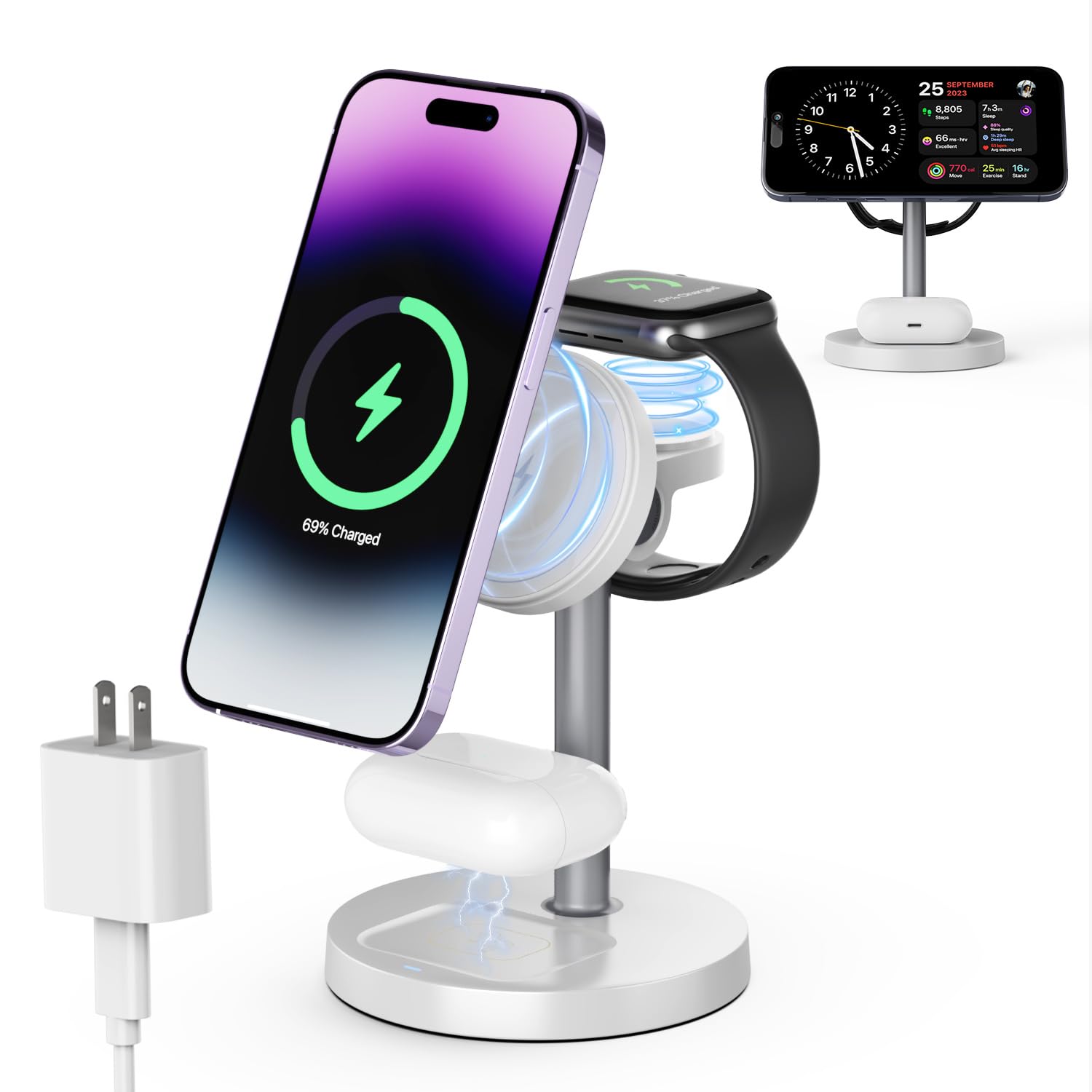 Photo 1 of 3 in 1 Wireless Charging Station Compatible with MagSafe, 15W Fast Charging Magnetic Mag-Safe Charger Stand for Apple iPhone 17 16 15 14 13 12Series Apple Watch AirPods Pro 4 3 2, Gifts for Men Women