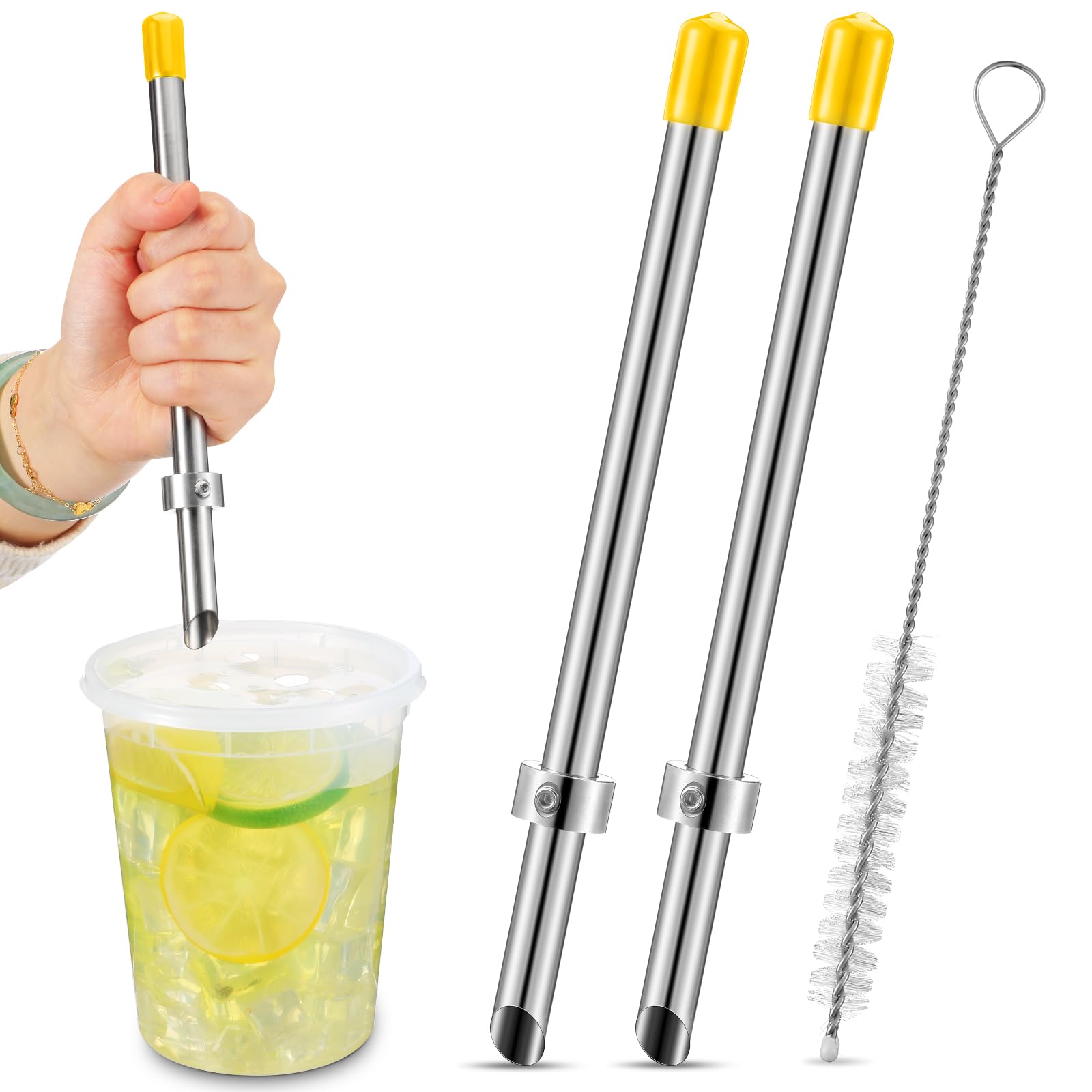 Photo 1 of Lasnten 2 Pack Straw Puncher for Plastic Lids Lemonade Cups, Stainless Steel Straw Hole Puncher Punching Tools for Cafe Drinks Deli Container Squeezed Fresh Lemonade Stand Supplies (8.7 Inch,Yellow)