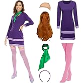 ZOKJFDK Velma Costume for adult Women, Halloween Daphne Costume Women, Purple Daphne Dress with Scarf Wig for Halloween