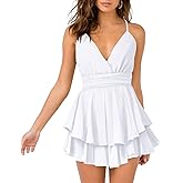 Hocuos Women's Dress Sexy V-Neck Adjustable Spaghetti Strap Waist Tie Sleeveless Layer Ruffle Hem A Line Mini Dresses