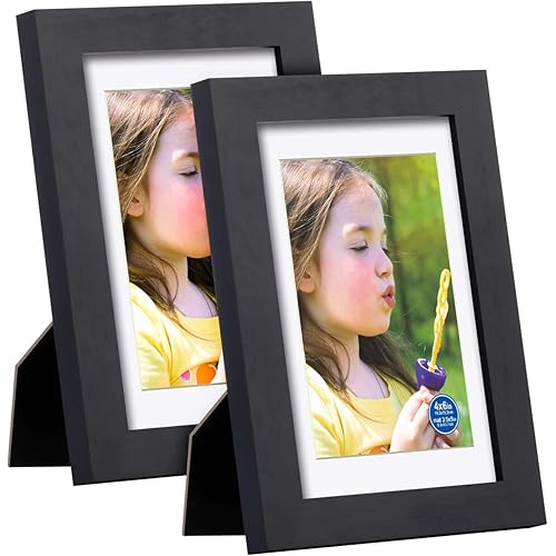 4x6 inch Picture Frames Made of Solid Wood and HD Glass Display Photos 3.5x5 with Mat or 4x6 Without Mat 2PK Black