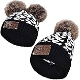 ZUYYON 2 Pcs Parent-Child Beanie Hat Mama Mini Leather Patch Knitted Cap Winter Warm Cuffed Mom Daughter/Son Cap with Pom Pom