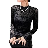 SweatyRocks Women's Leopard See Through Mesh Top Long Sleeve Mock Neck Going Out Fitted T Shirts