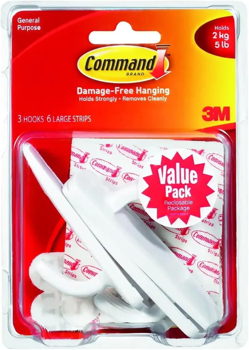 Command Large Plastic Utility Hook 3-Hooks 6 Strips White 17003-3ES