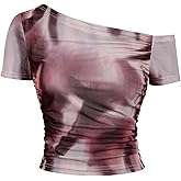 SOLY HUX Women's Tie Dye Mesh T Shirt Off The Shoulder Short Sleeve Ruched Tee Y2k Tops