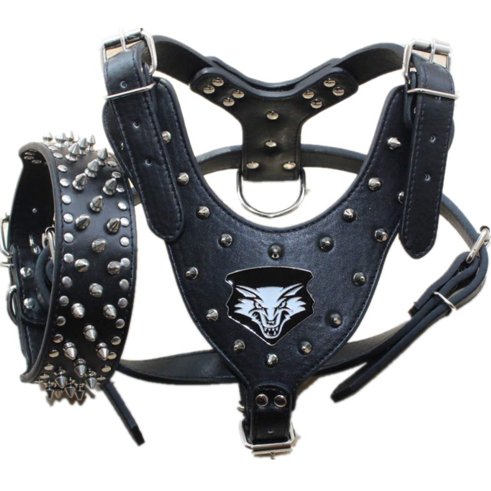 haoyueer Leather Spiked Studded Medium & Large Dog Collars, Harnesses 2Pcs Matching Set for Pit Bull,Mastiff, Boxer, Bull Terrier (XL, Black-1)