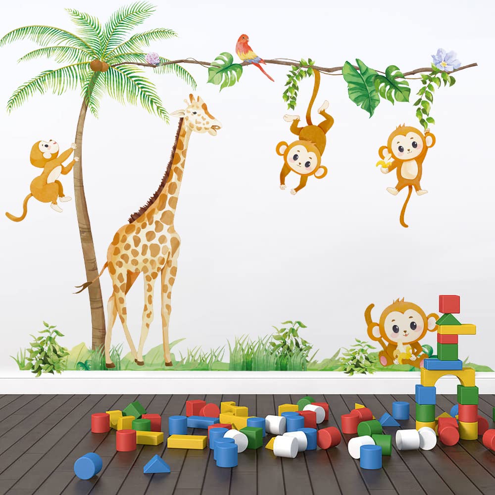 Runtoo Safari Animals Wall Art Decals for Nursery Palm Tree Giraffe Monkey Wall Stickers Kids Bedroom Wall Decor, Giraffe and Monkey