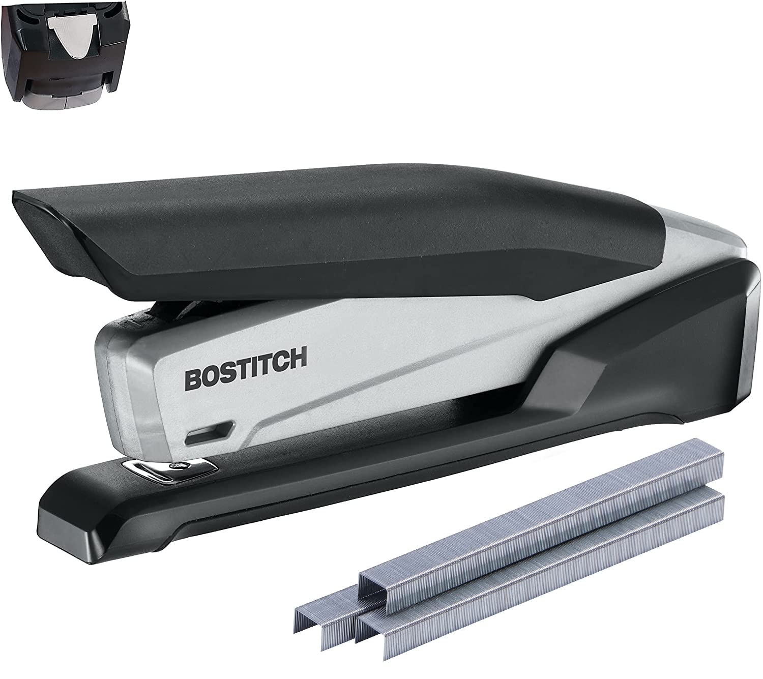 Photo 1 of Bostitch Office Executive 3 in 1 Stapler, Includes 210 Staples and Integrated Staple Remover, One Finger Stapling, No Effort, 20 Sheet Capacity, Spring Powered Stapler, Black/Gray (INP20)