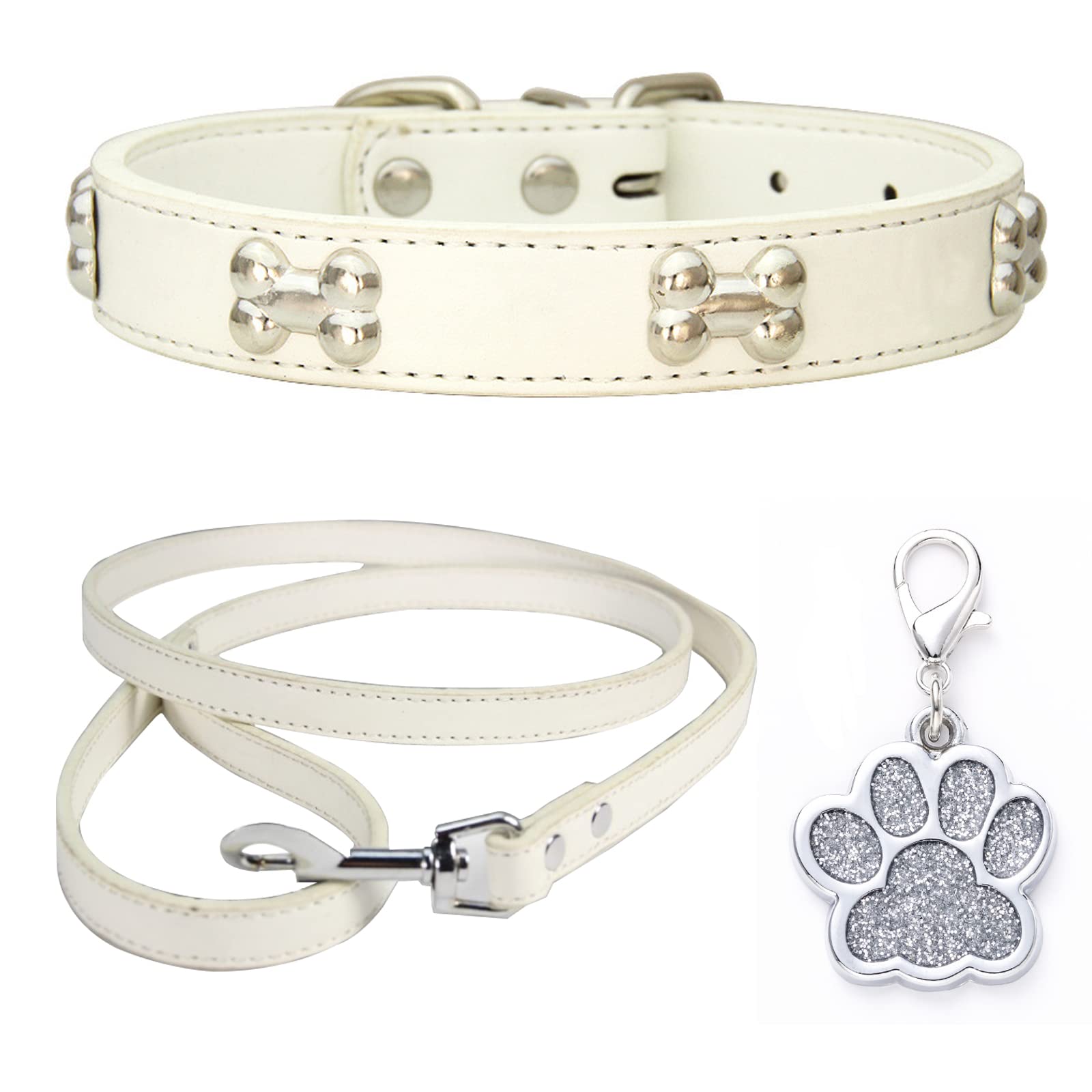 HALFSUMO Leather Dog Collar Dog Collar Combo Set Dog Collars Adjustable Puppy Collar for Small Medium Dogs Cats White XS