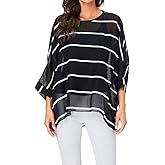 Rokou Women Chiffon Blouse Floral Batwing Sleeve Beach Cover Loose Tunic Shirt Tops