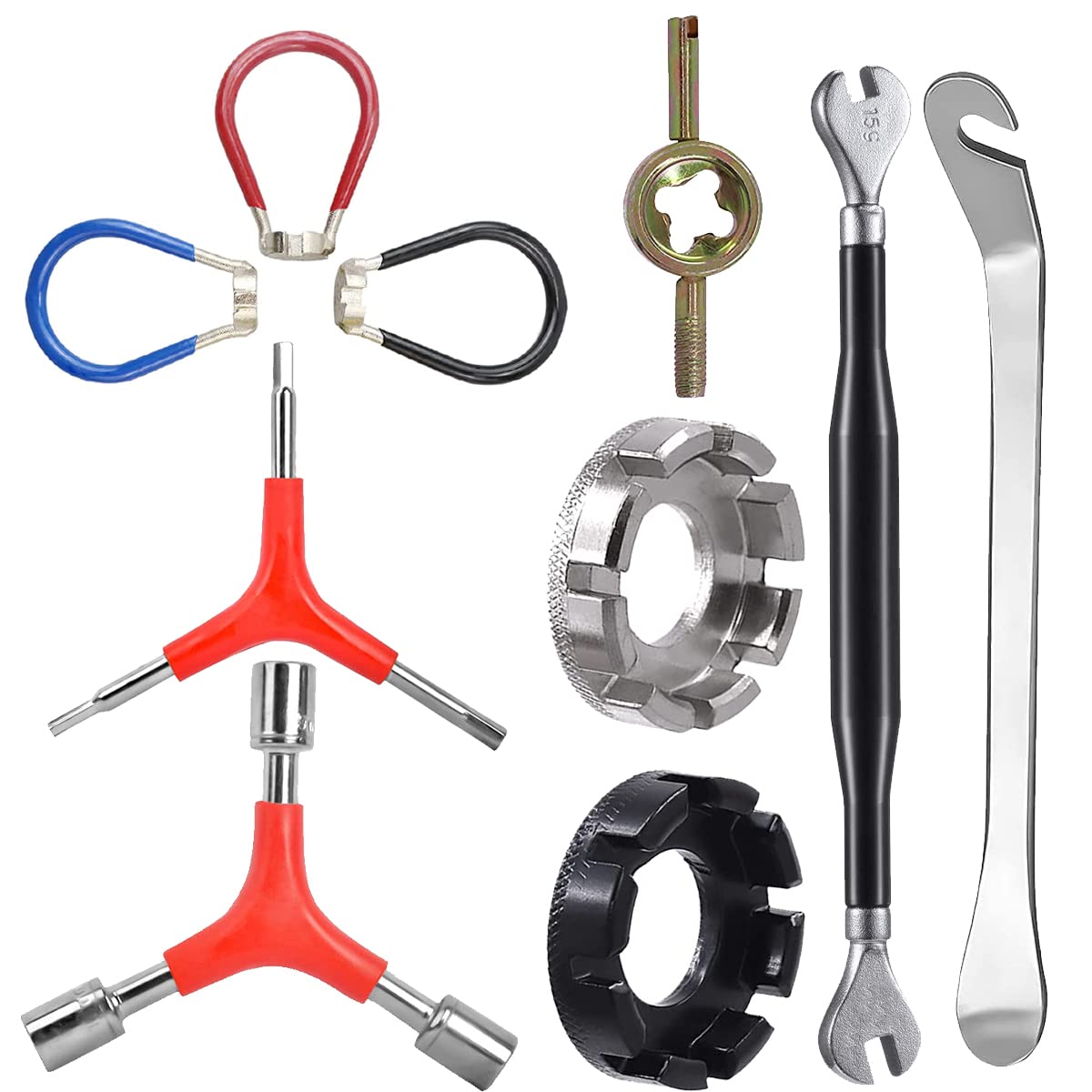 EDIONS 10 Pieces Bicycle Spoke Wrench Bike Repair Tool, Portable Bicycle Rim Correct Kit Cycling Pocket Repair Tools with Tire Lever, Y-Type Hex Wrench, Y-Type Socket Wrench