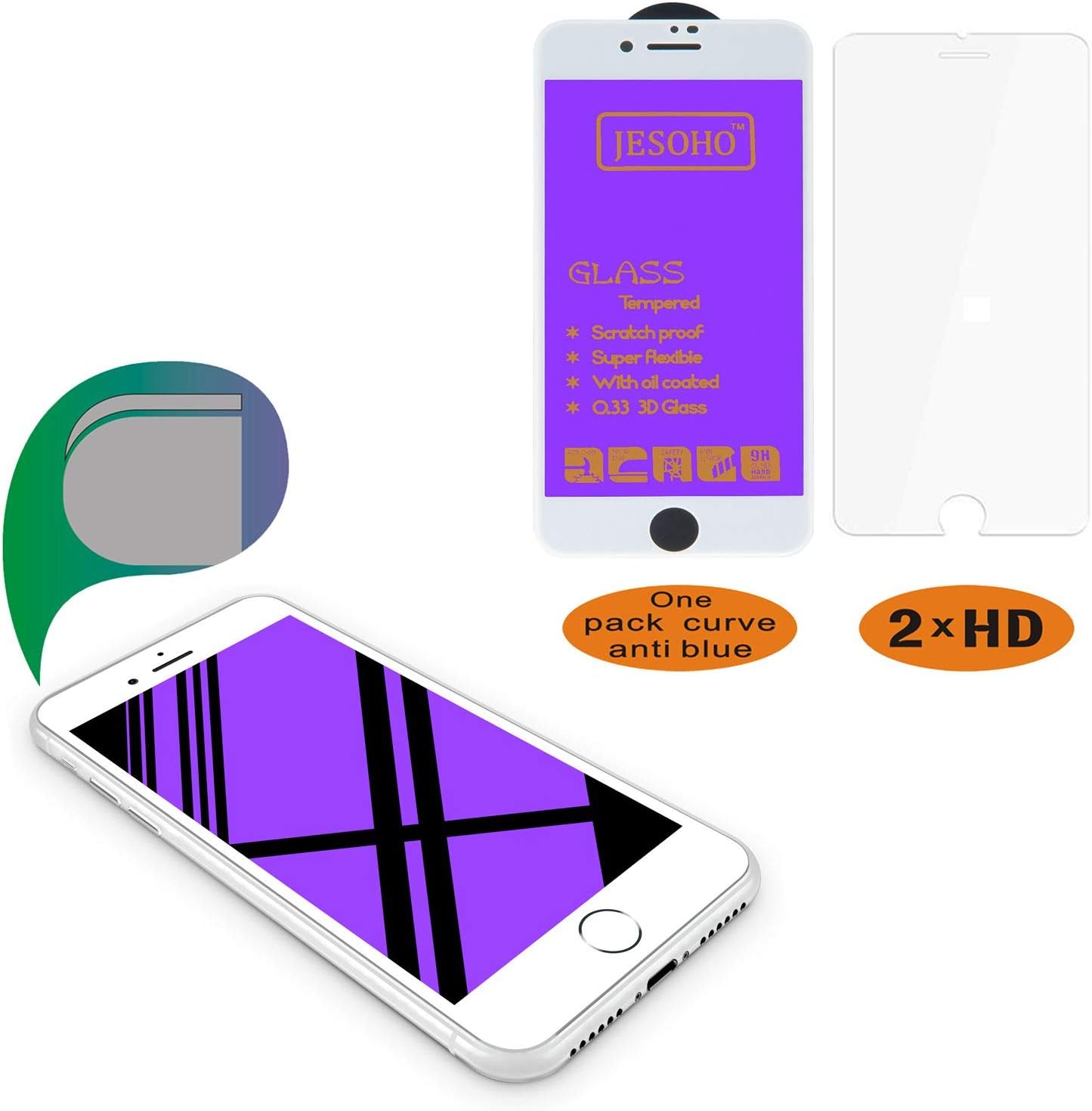 JESOHO Anti Blue Light Screen Protector for iPhone 6/7/8 White (1+2 Packs), 3D Full Coverage, 3D Touch, Anti Blue Light Filter Film, Anti-Scratches, Anti-Fingerprint Tempered Glass (for iPhone 6/7/8)