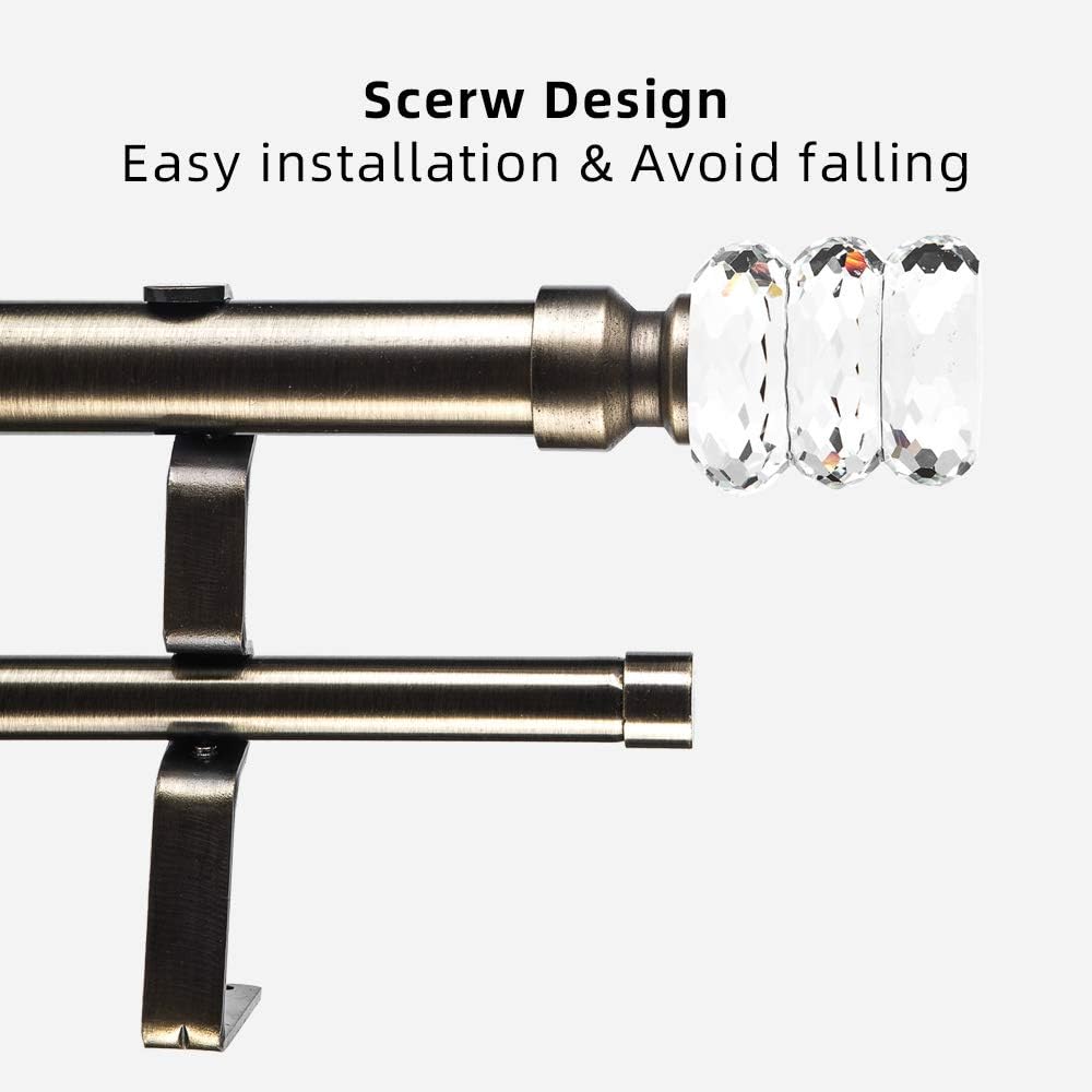 Ycolnaefllr 1-Inch Diameter Adjustable Double Curtain Rod in Antique Bronze with Crystal Finial 28-48 Inches with Metal Curtain Holdbacks Double Curtain Rod: Home Improvement