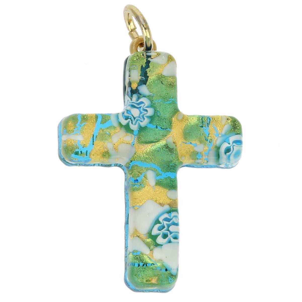 Glass Of Venice Venetian Reflections Cross Pendant - Aqua Gold, One Size, Glass, No Gemstone
