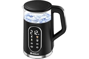 TESSLUX Electric Kettle, 1500W Fast Boiling Glass Water Kettle with Temperature Control, 1.7L Cordless Stainless Steel Base, Keep Warm & Auto Shut-Off, BPA-Free, Black