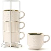 JIEMEI HOME Large Ceramic Coffee Mug Set of 4 with Stand, 15 Oz Stackable Different Embossment Ribbed Latte Cup Set for Cappuccino, Tea, Hot Cocoa, Drinks - Dishwasher & Microwave Safe, White & Green