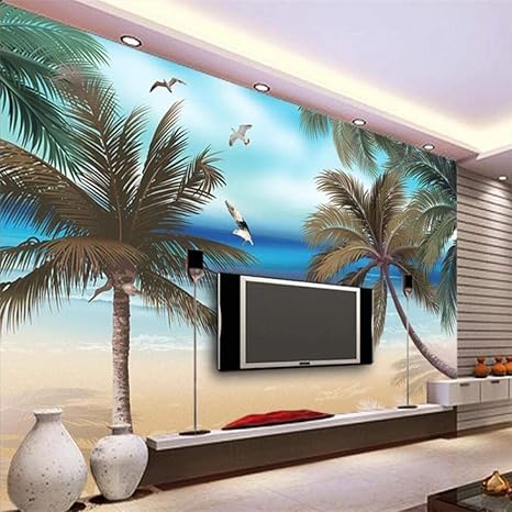 Amazon Ljjlm 壁紙カスタム壁画壁紙ファンタジー壁紙手描き夏ココナッツツリービーチシーガルテレビ背景壁 1x100cm 壁紙