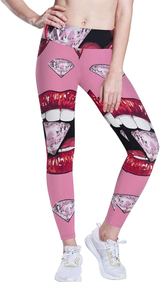 Linomo Women's High Waist Yoga Pants, Lips Diamond Workout Running