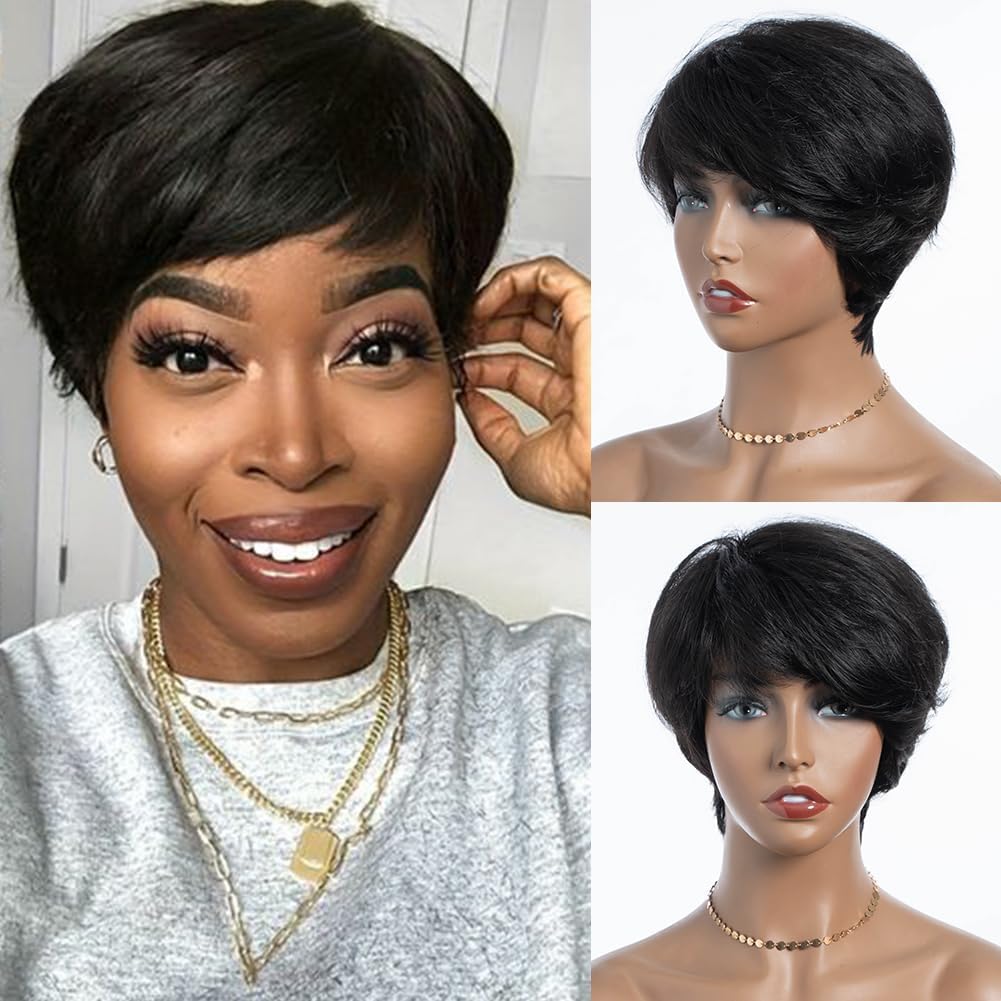 Photo 1 of Xddnamei Pixie Cut Wig Layered Brazilian Virgin Human Hair Glueless Short Pixie Cut Fluffy Soft Human Hair Wig for Black Women Natural Color Tangle-Free