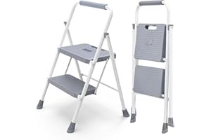 DUMOS Step Ladder, 2 Step Stool Foldable with Anti-Slip Pedal & Comfortable Handrail, 800lbs Capacity Sturdy Steel Ladder, Portable Heavy Duty Step Stool for Kitchen, Garage & Outdoor Use, Grey