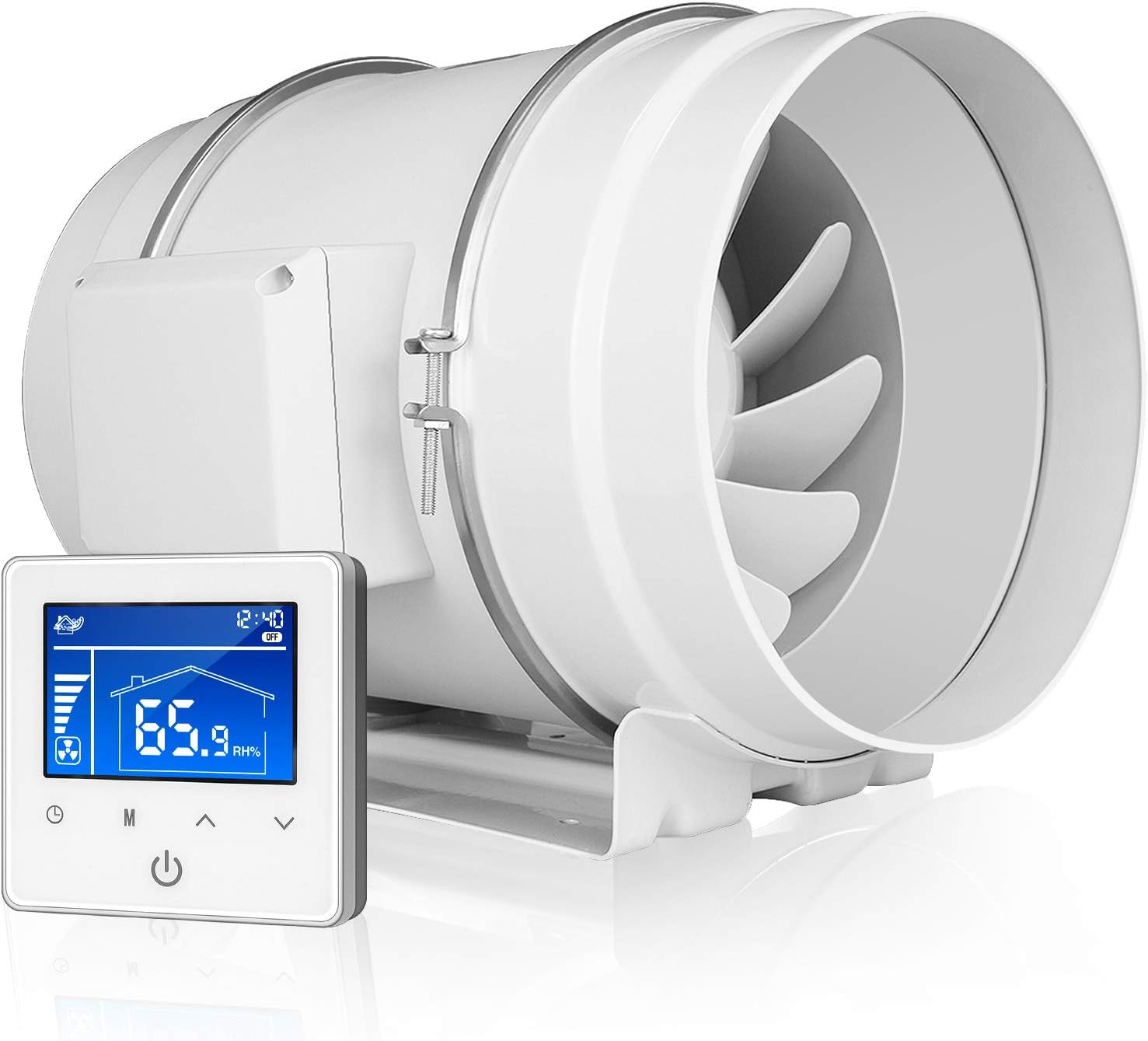 iPower GLFANXINLINEPRO8 8 Inch 750 CFM Inline Duct Temperature Humidity Variable Speed Controller, Quiet HVAC Ventilation Exhaust Blower Fan, 8", White