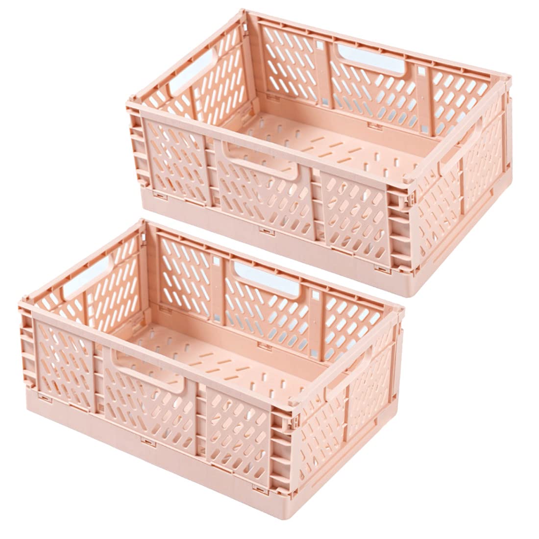 Spesh 2 Pcs Collapsible Storage Boxes Stackable Storage Baskets Folding Plastic Crates Foldable Crate Bins with Handles for Desk,Shelf,Cupboard(Pink, 30*20*12cm)