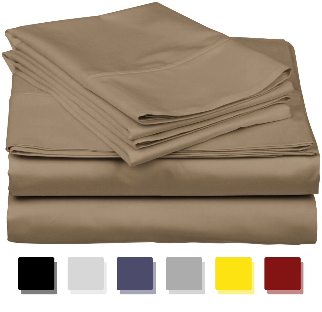 True Luxury 1000-Thread-Count 100% Egyptian Cotton Bed Sheets, 4-Pc Queen Taupe Sheet Set, Single Ply Long-Staple Yarns, Sateen Weave, Fits Mattress Upto 18'' Deep Pocket