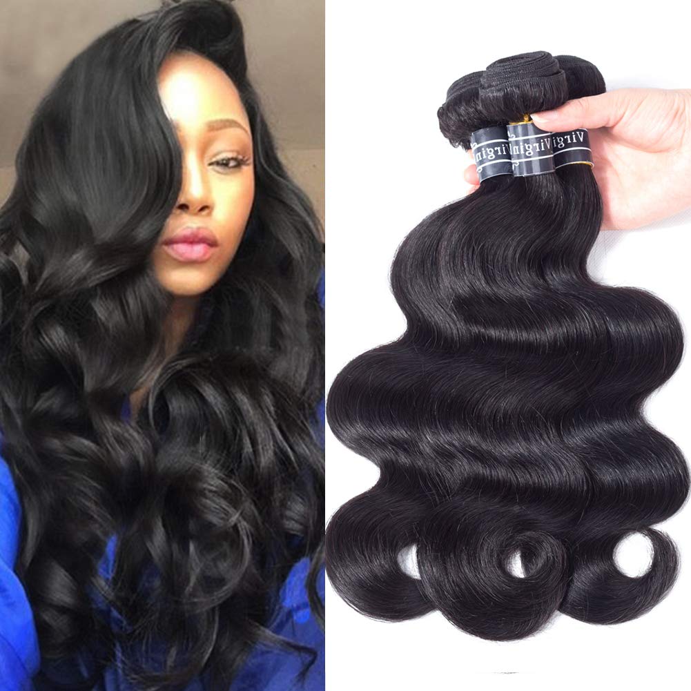 AmellaHair 8A Brazilian Virgin Body Wave Hair 3 Bundles 285g 14" 16" 18" Natural Black Color 100% Unprocessed Brazilian Virgin Human Hair Extensions Body Wave Hair