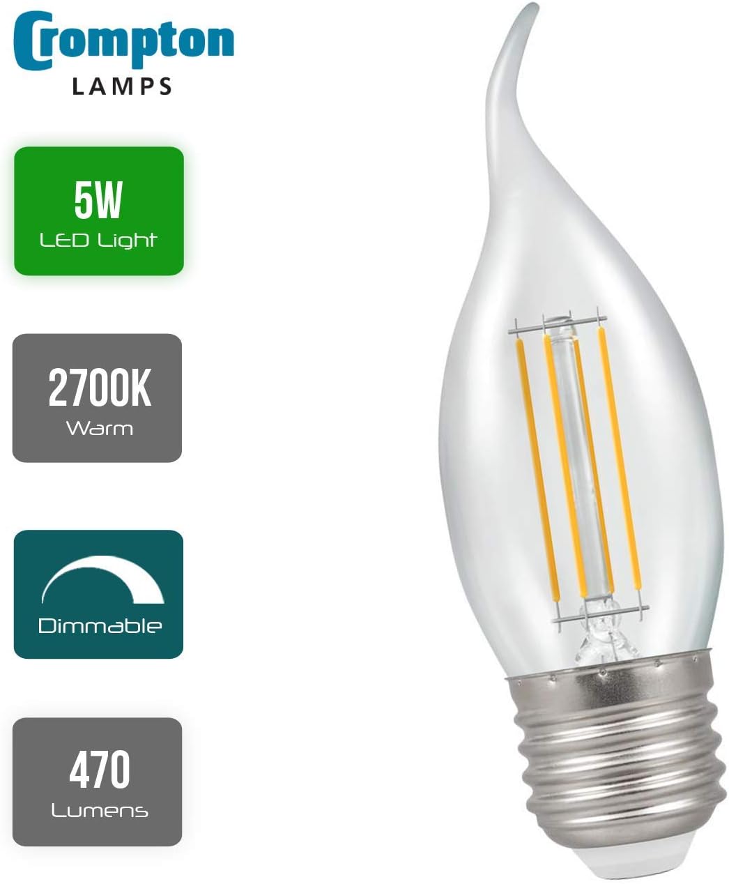 Crompton E27 LED Bent-Tip Filament Candle Bulbs 5 Watts Dimmable 470LM / 40W Incandescent Equivalent C35 Edison Screw (SES-E27) Candle Light Bulbs Warm White 2700K - Image 3