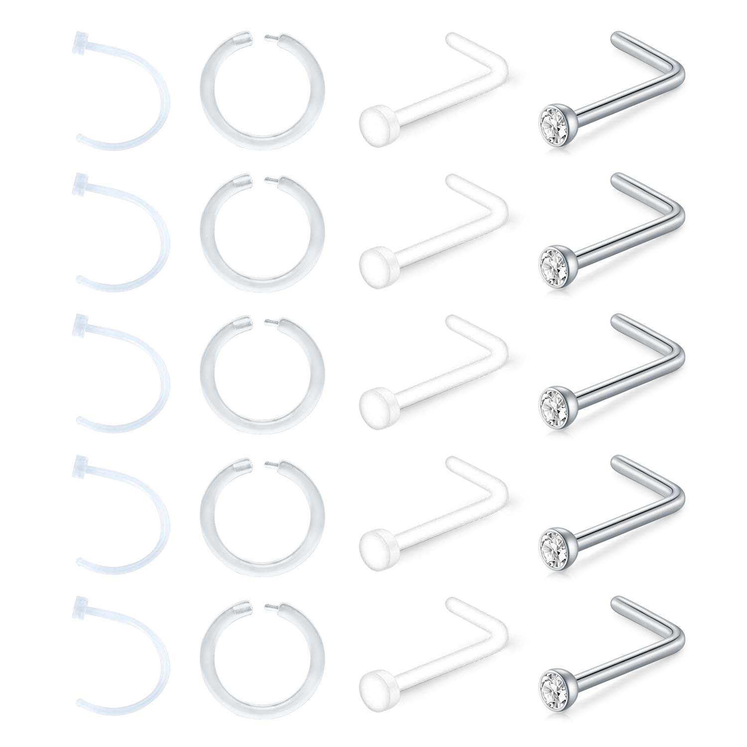 Mayhoop 20 Pcs 18G Clear Nose Studs Nose Rings Nose Retainer Surgical Steel & Acrylic L Shaped Nose Studs Nostril Piercing Body Piercing Jewelry