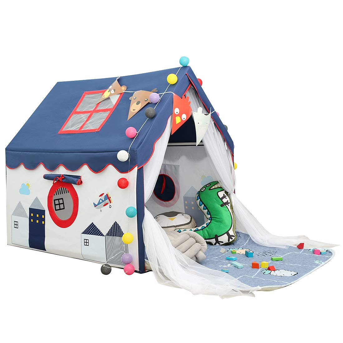 Kids Tents Indoor Playhouses Boys 9.9Ft Star String Lights Blue Tent for Upgraded Large and Longer Curtain with Colorful Accessories Decoration 50.4