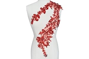 PLUNE Handmade Shining Acrylic Rhinestones on lace Applique Sewing Beads Stones Trim Patches Accessories for Wedding Dress (Red)