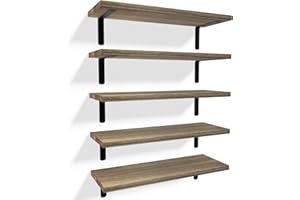 RICHER HOUSE Rustic Wood Shelves Set of 5, Farmhouse Style Floating Shelf for Wall Décor, Hanging Shelves for Bathroom, Bedroom, Storage, Kitchen, Living Room - Carbonized Black