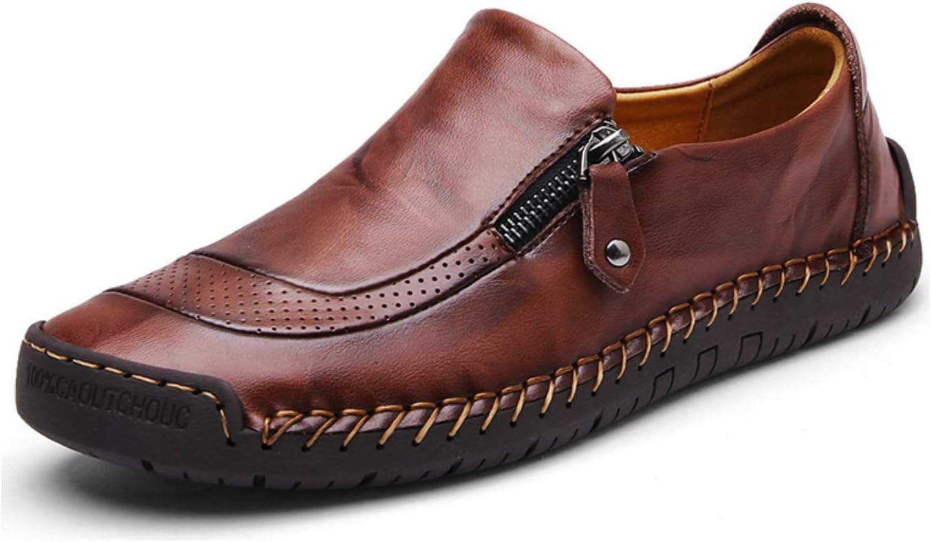 Mens Leather Loafer Comfy Lightweight Round Toe Shoes Flats Moccasins Non-Slip Wider Business Work Shoes Large Size (UK 7.5, Dark Brown) UK 7.5/EU41/CN42