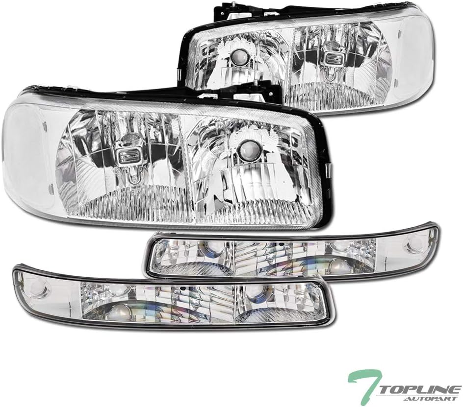 Topline_autopartChrome Clear Housing Headlights With Signal Bumper Lamps 4-Pieces NB For 99-06 GMC Sierra / 2007 Classic Style / 00-06 Yukon / XL