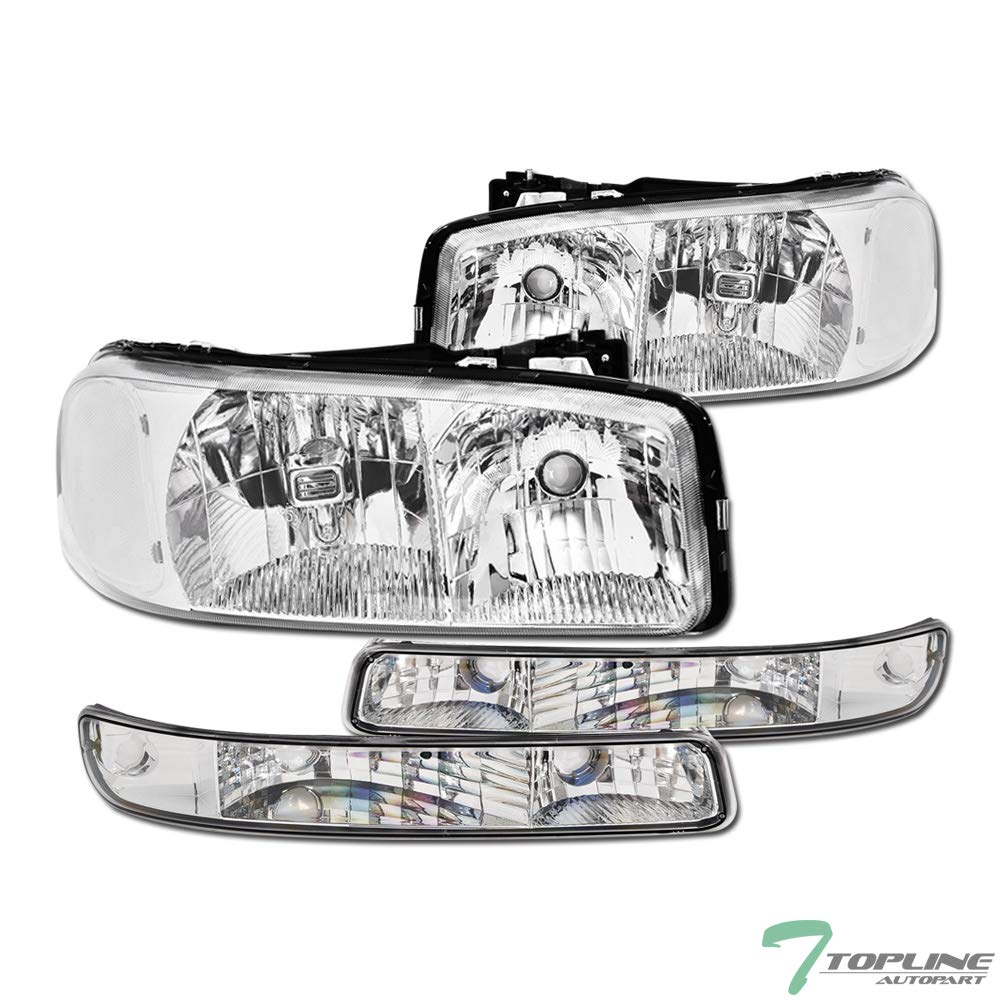 Topline_autopartChrome Clear Housing Headlights With Signal Bumper Lamps 4-Pieces NB For 99-06 GMC Sierra / 2007 Classic Style / 00-06 Yukon / XL