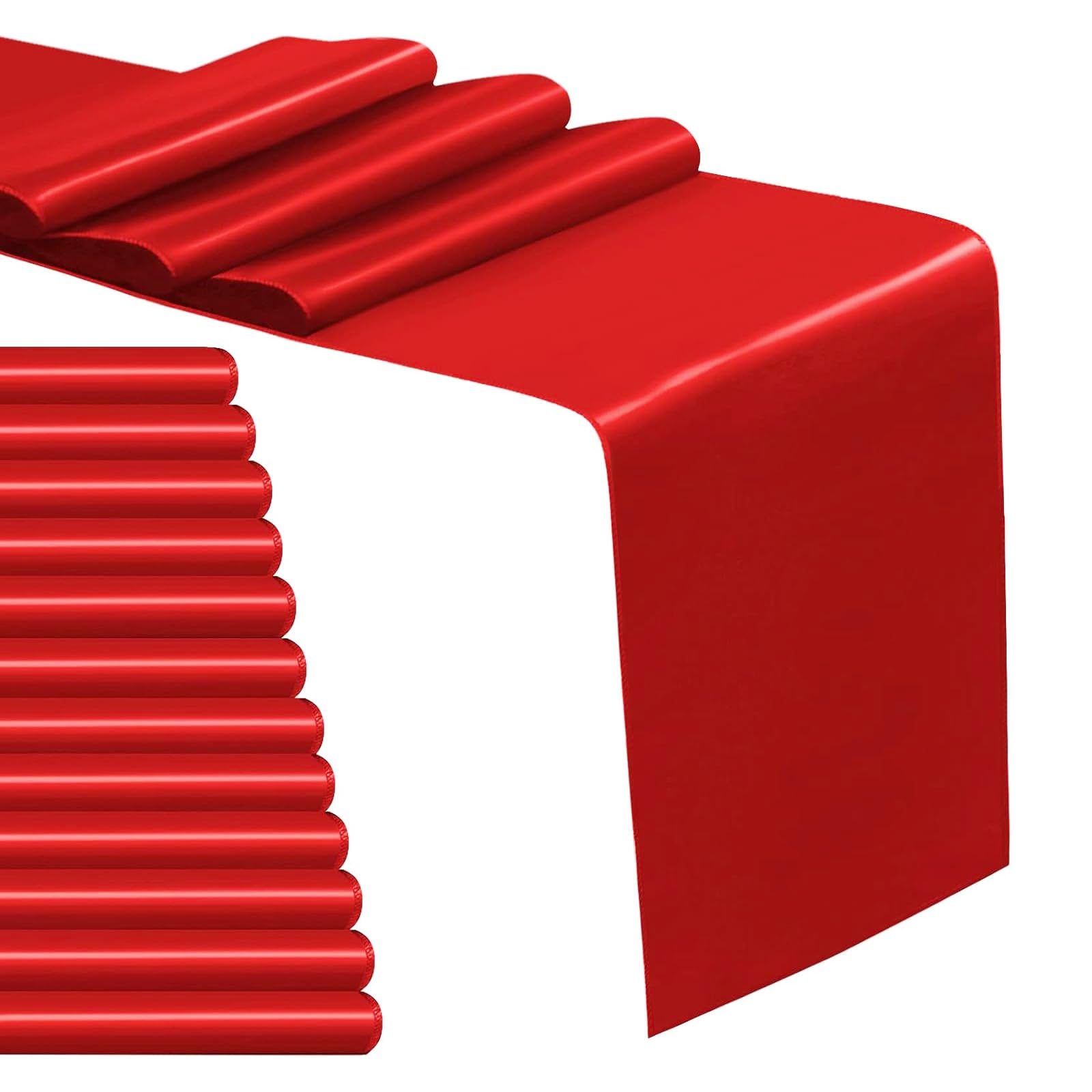 Photo 1 of 12 Pack Satin Table Runner 12 x 108 Inch Long Satin Table Runners for Wedding Banquet Graduations Birthday Party Decoration (Red)