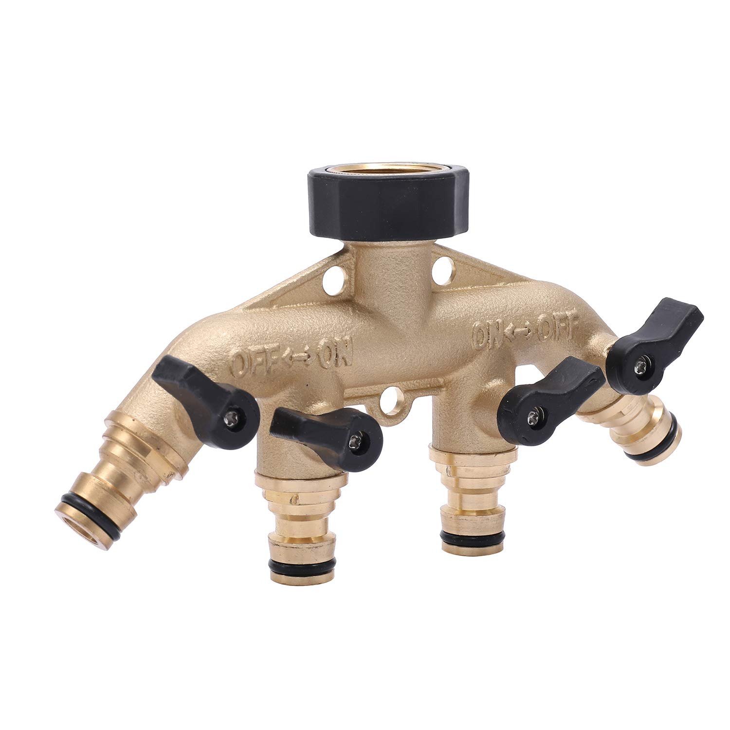 TOPWAY 4 Way Solid Brass Tap Garden Hose Splitter, Outdoor Utility Hose Connector Water Taps Divider Distributor With Individual On/Off Valves and Quick Connectors for Watering Irrigation 664022