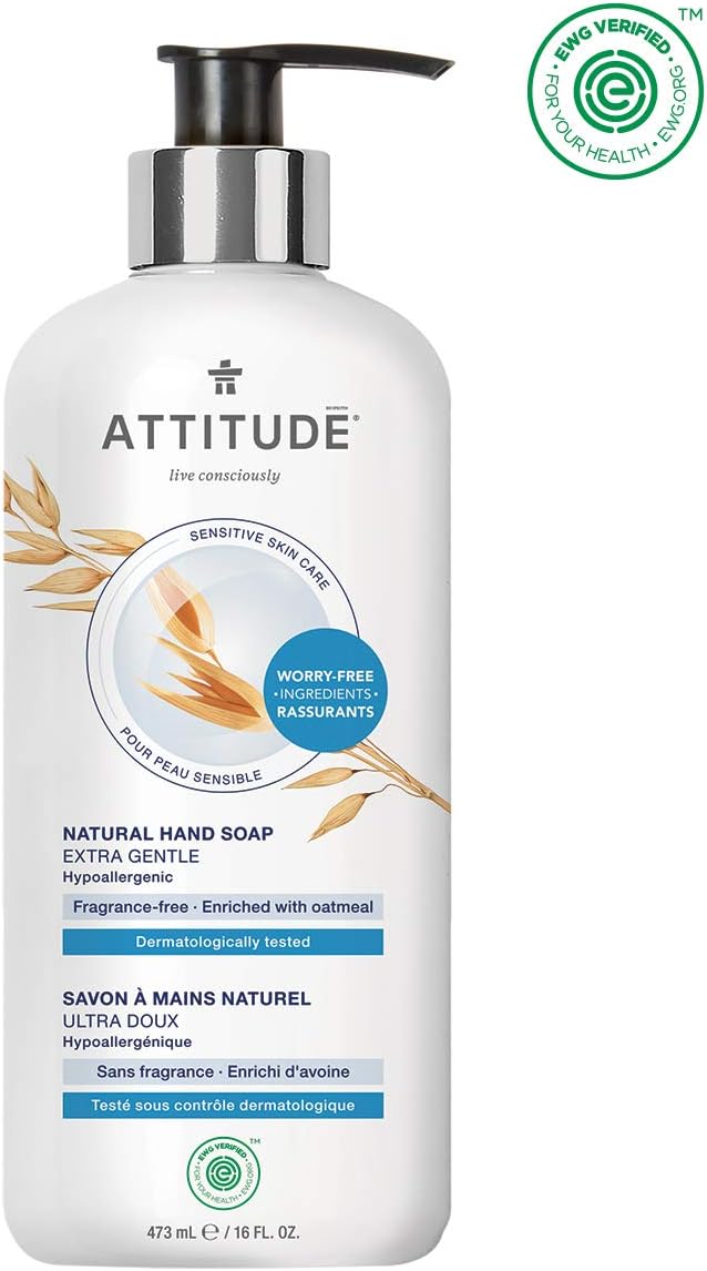 ATTITUDE Sensitive Skin, Hypoallergenic Hand Soap, Fragrance Free, 16